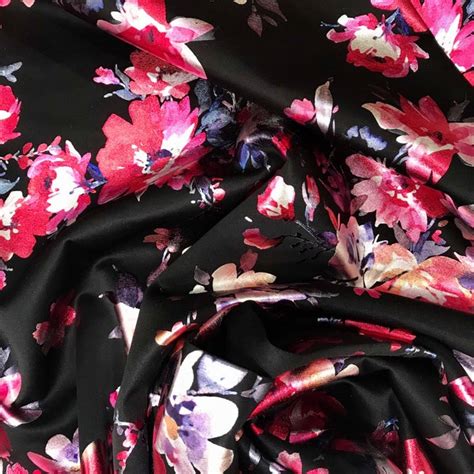 Scuba Knit Fabric, Black with Pink Foiled Flowers 